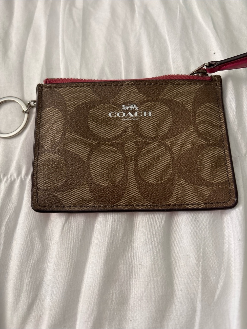 Coach Brown Signature Card & Key Holder with Pink Zip Pull